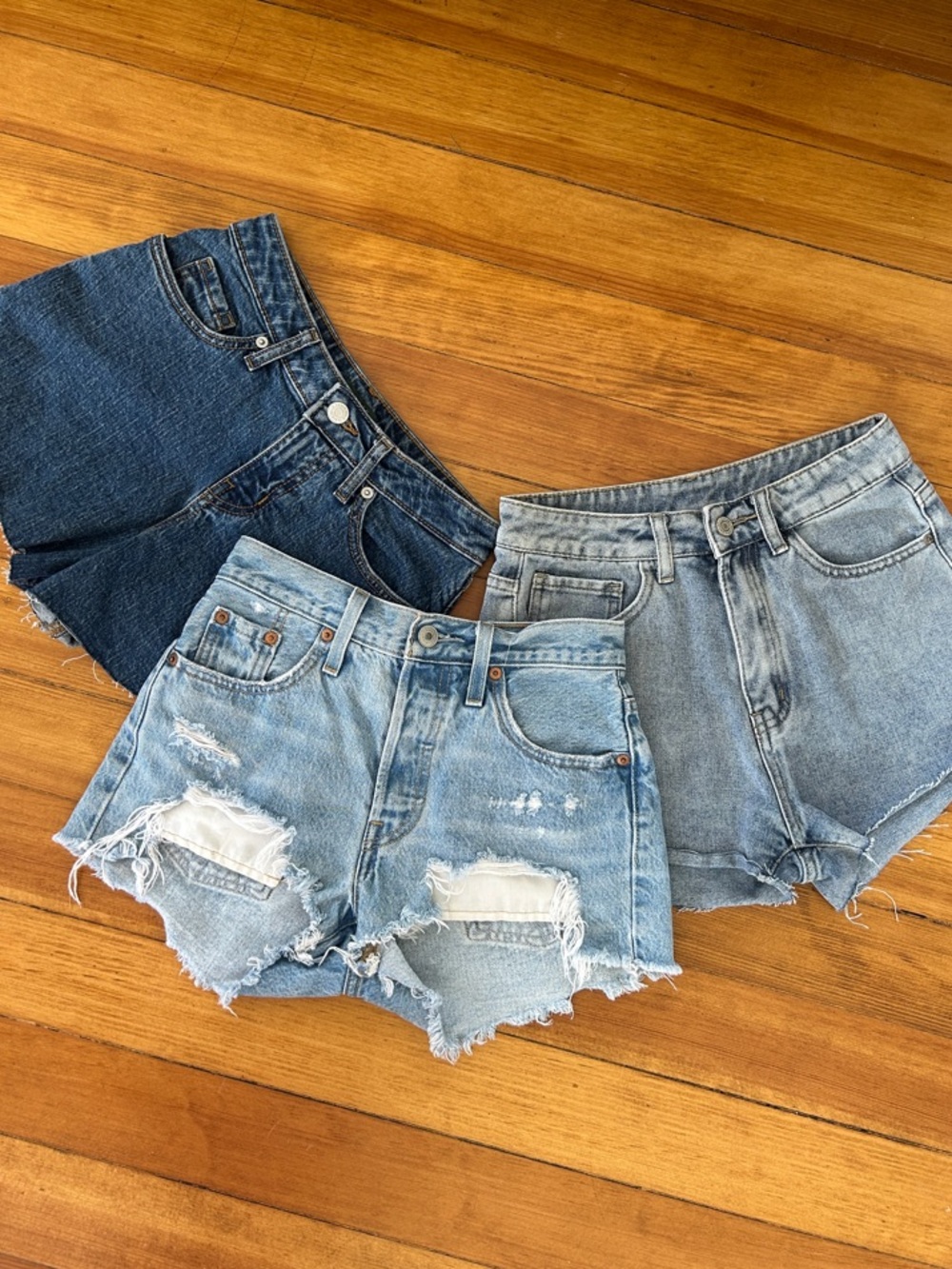 Denim Jean Shorts Trio - Light Blue, Medium Blue, Dark Blue